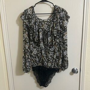 Free People Intimately Floral Ruffle Blouse Bodysuit with Cheeky Panty